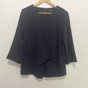 Ro & De Draped Twist Front Blouse Womens L Navy 3/4 Sleeve Top NWT Office
